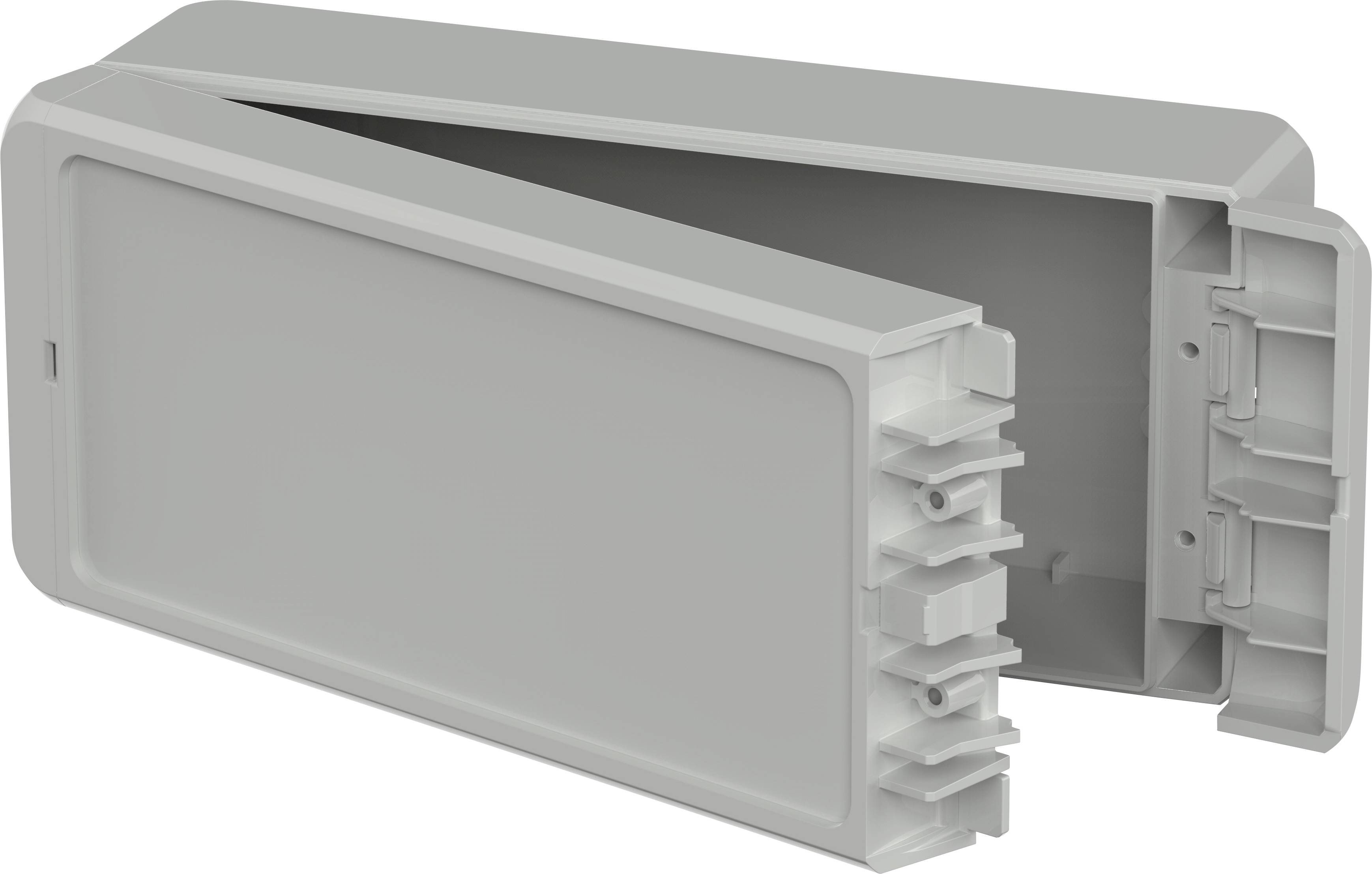 Grey rectangular plastic enclosure, partially open, with hinges and internal mounting elements.