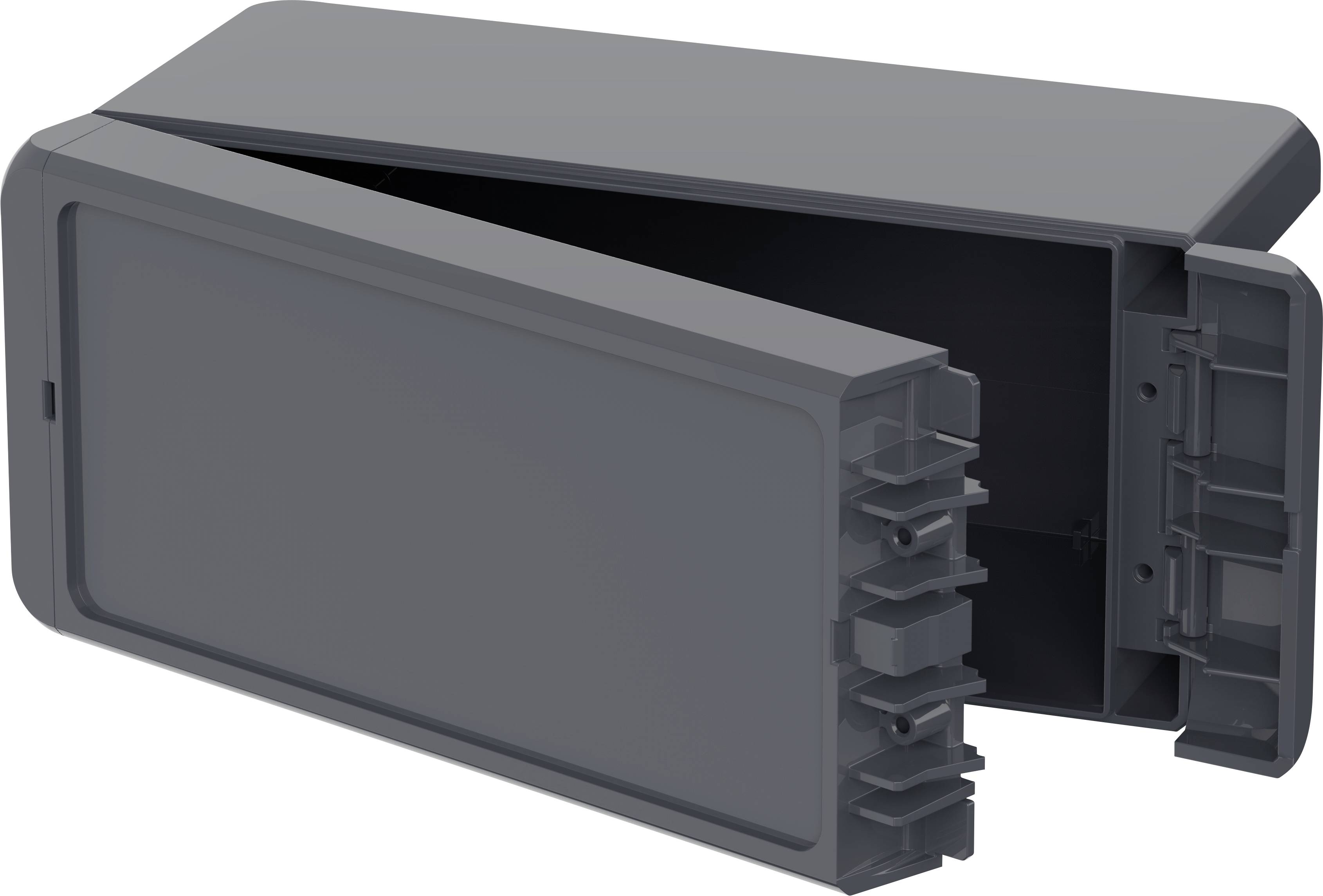 A grey, rectangular plastic enclosure with a removable lid. The interior is partially visible, suitable for cables.