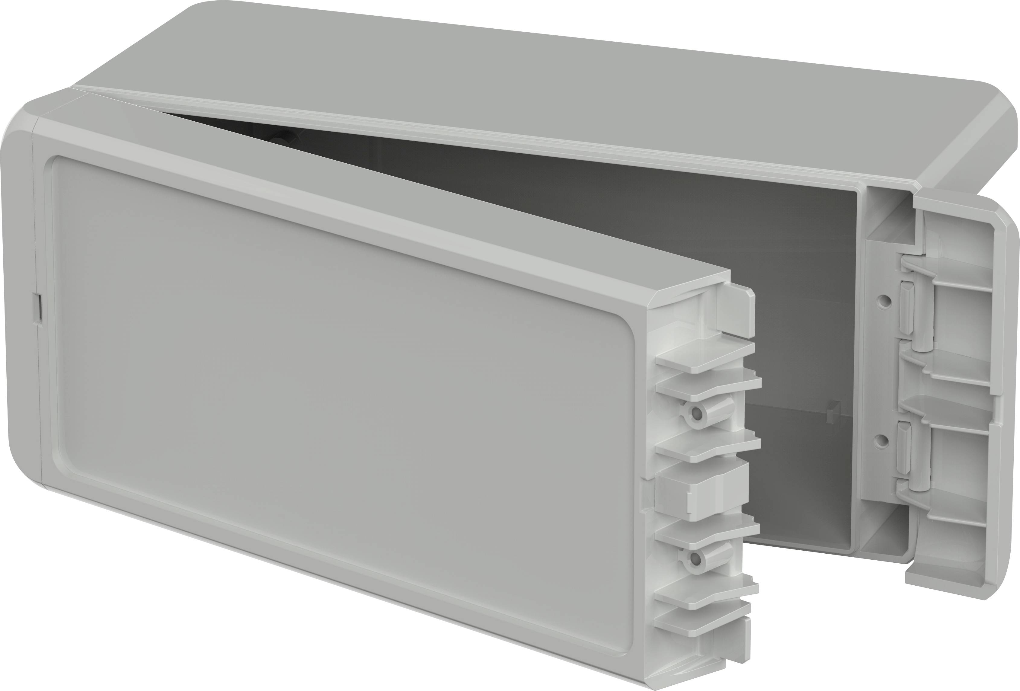 Grey, rectangular toolbox with an open lid, revealing hinges and compartments inside.