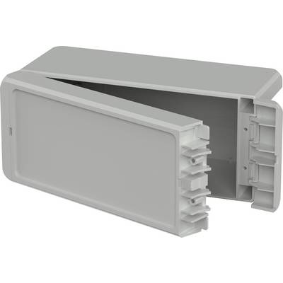 Grey, rectangular toolbox with an open lid, revealing hinges and compartments inside.