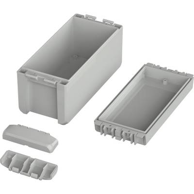 Opened grey plastic box with removable lid and two small removable inserts.