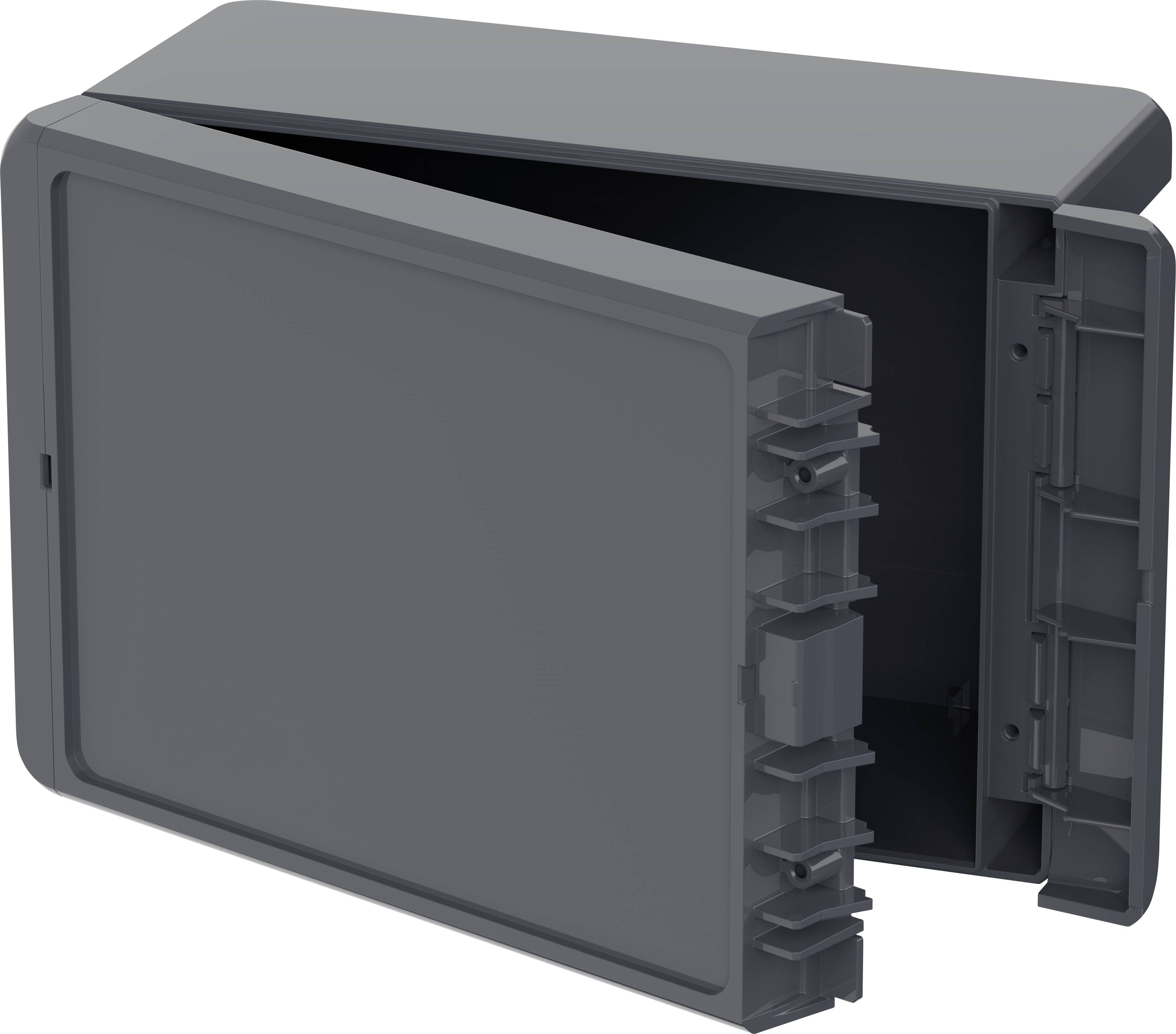 An opened, empty, rectangular plastic box in a dark colour with a slight sheen, shown with its interior visible.