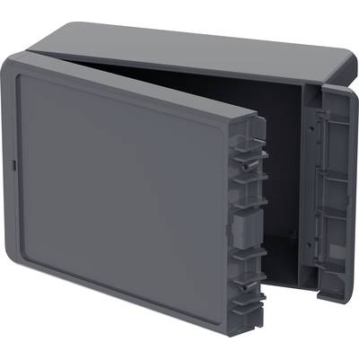 An opened, empty, rectangular plastic box in a dark colour with a slight sheen, shown with its interior visible.
