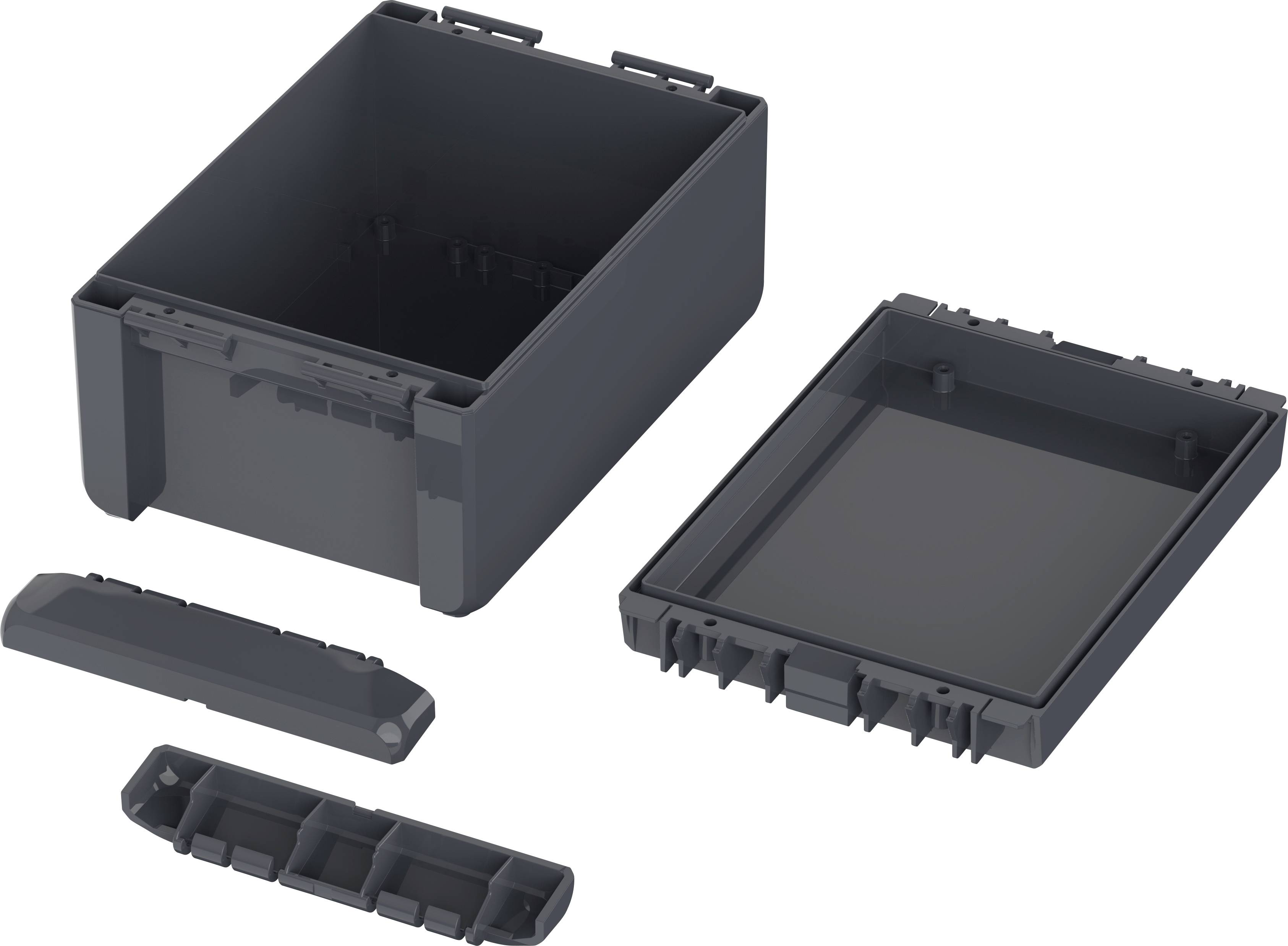 A grey electronic enclosure with a removed lid, base plate, and side covers, designed for mounting electronic components.
