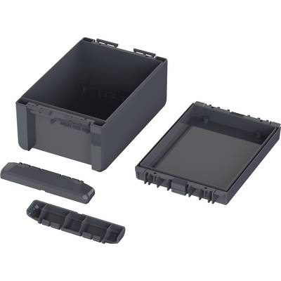 A grey electronic enclosure with a removed lid, base plate, and side covers, designed for mounting electronic components.