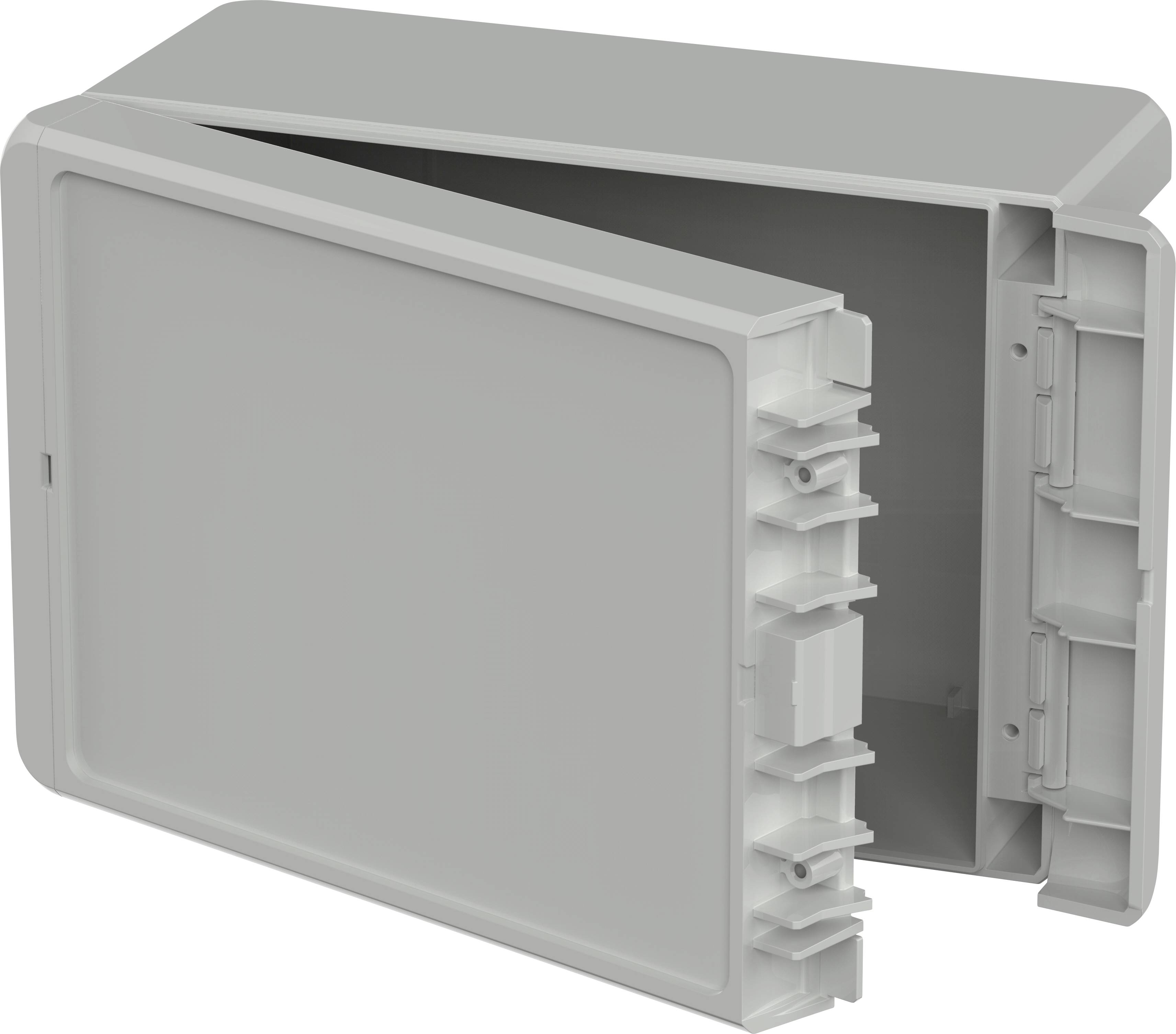 Grey plastic case with hinged lid, showing internal compartments and holders.