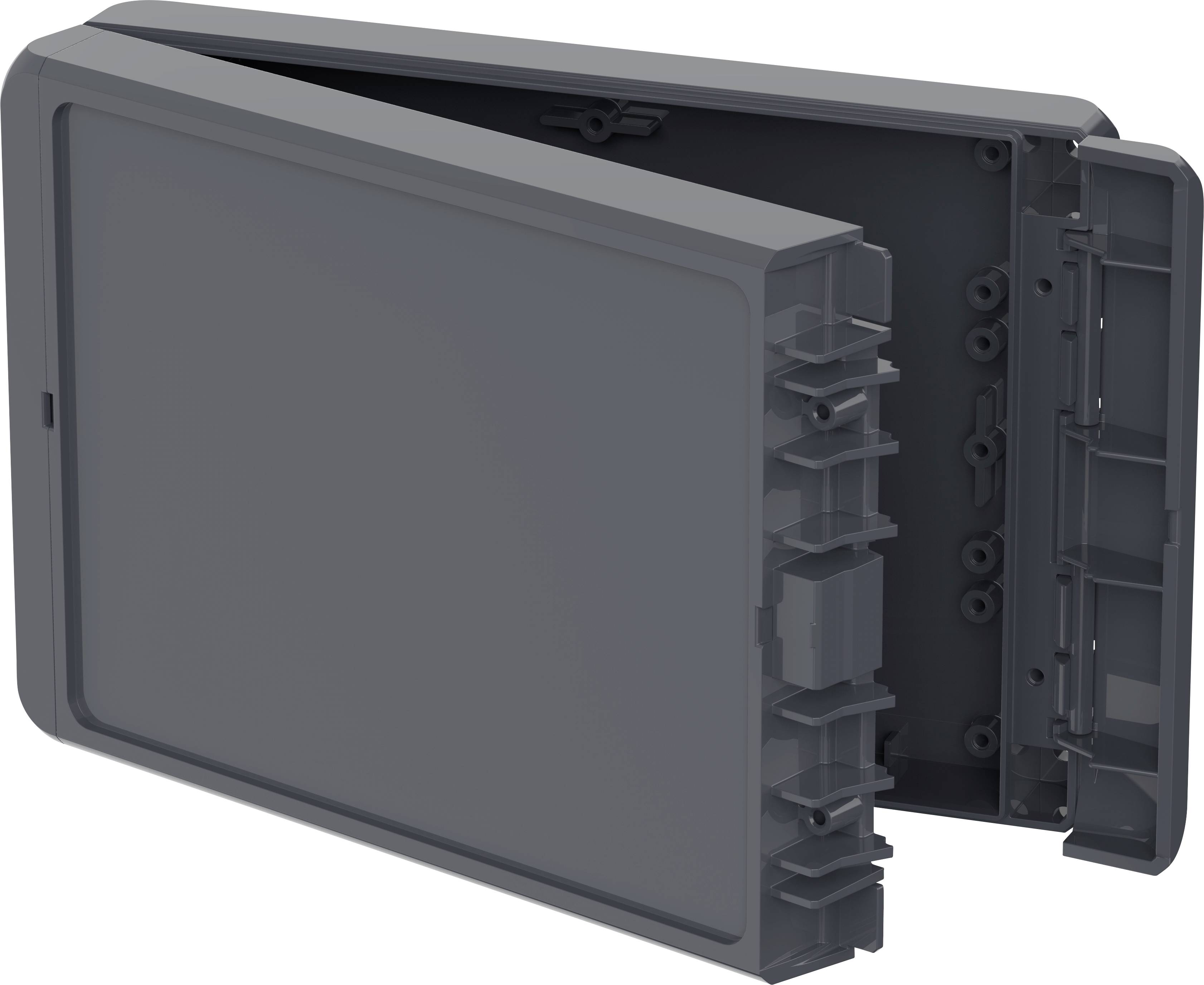 Dark, rectangular closed casing being opened to reveal hinges and mounting elements inside.