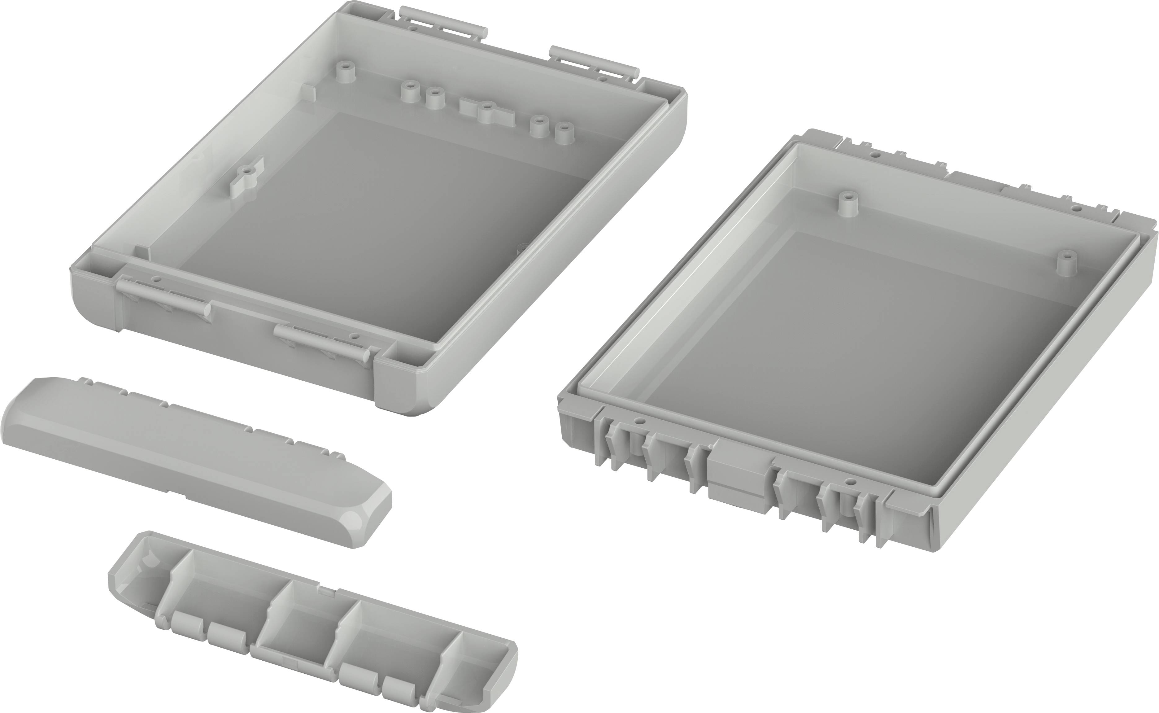 Grey plastic casing, in two halves: one with an attached lid and one as a removable base. Internal components are visible on the right and left.