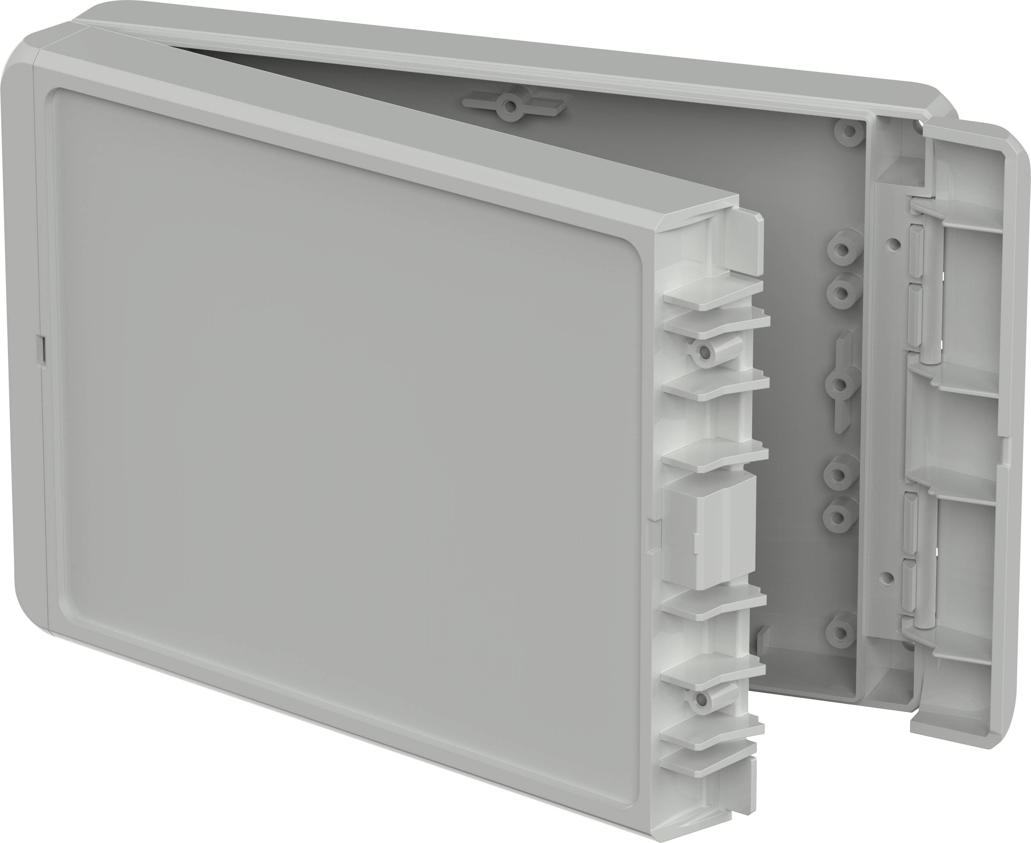 Grey plastic casing with open lid, showing internal structure with mounting brackets and openings for installation purposes.