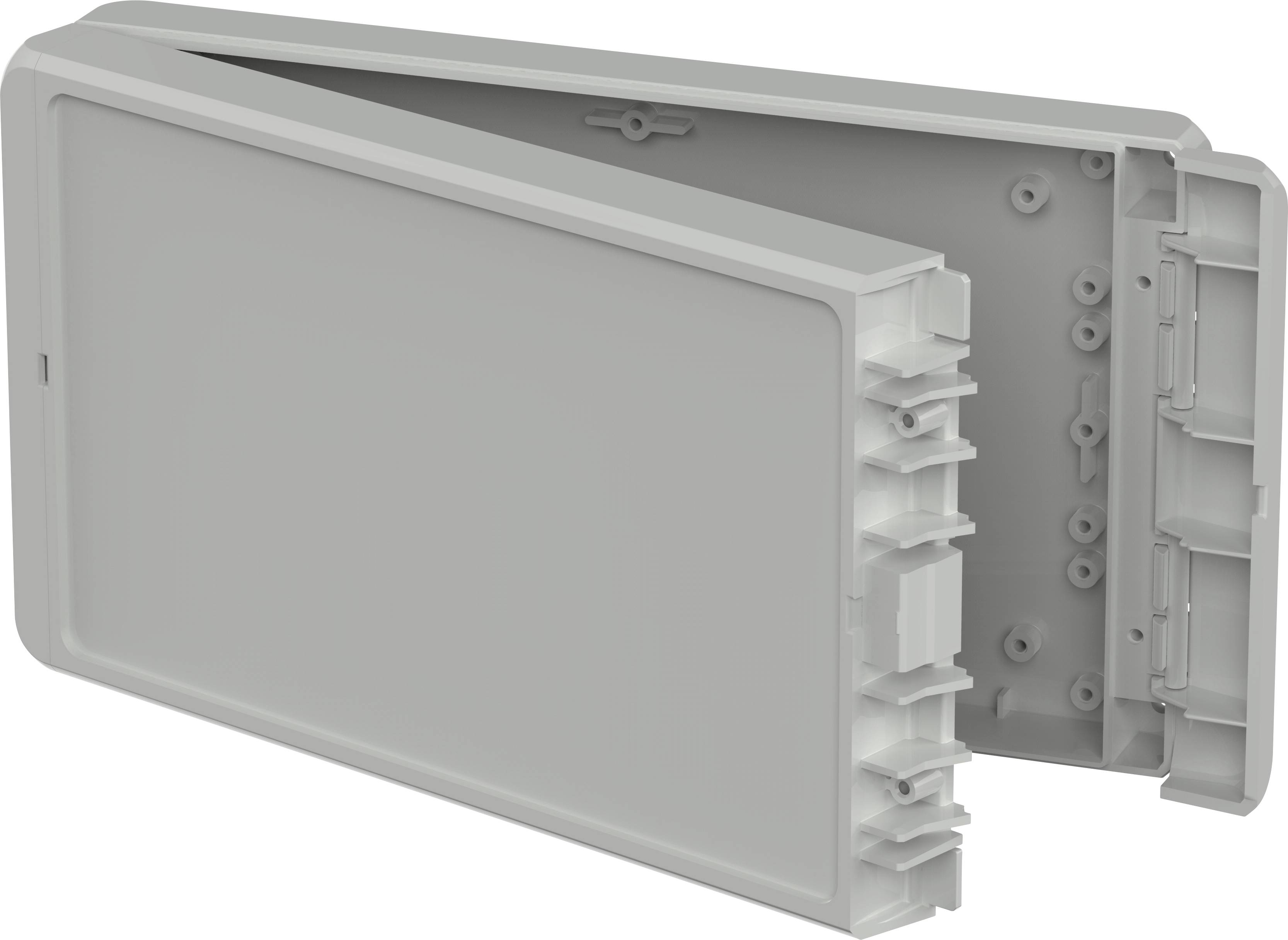 Grey and white rectangular plastic box, opened up, with multiple compartments and recesses, on a white background.