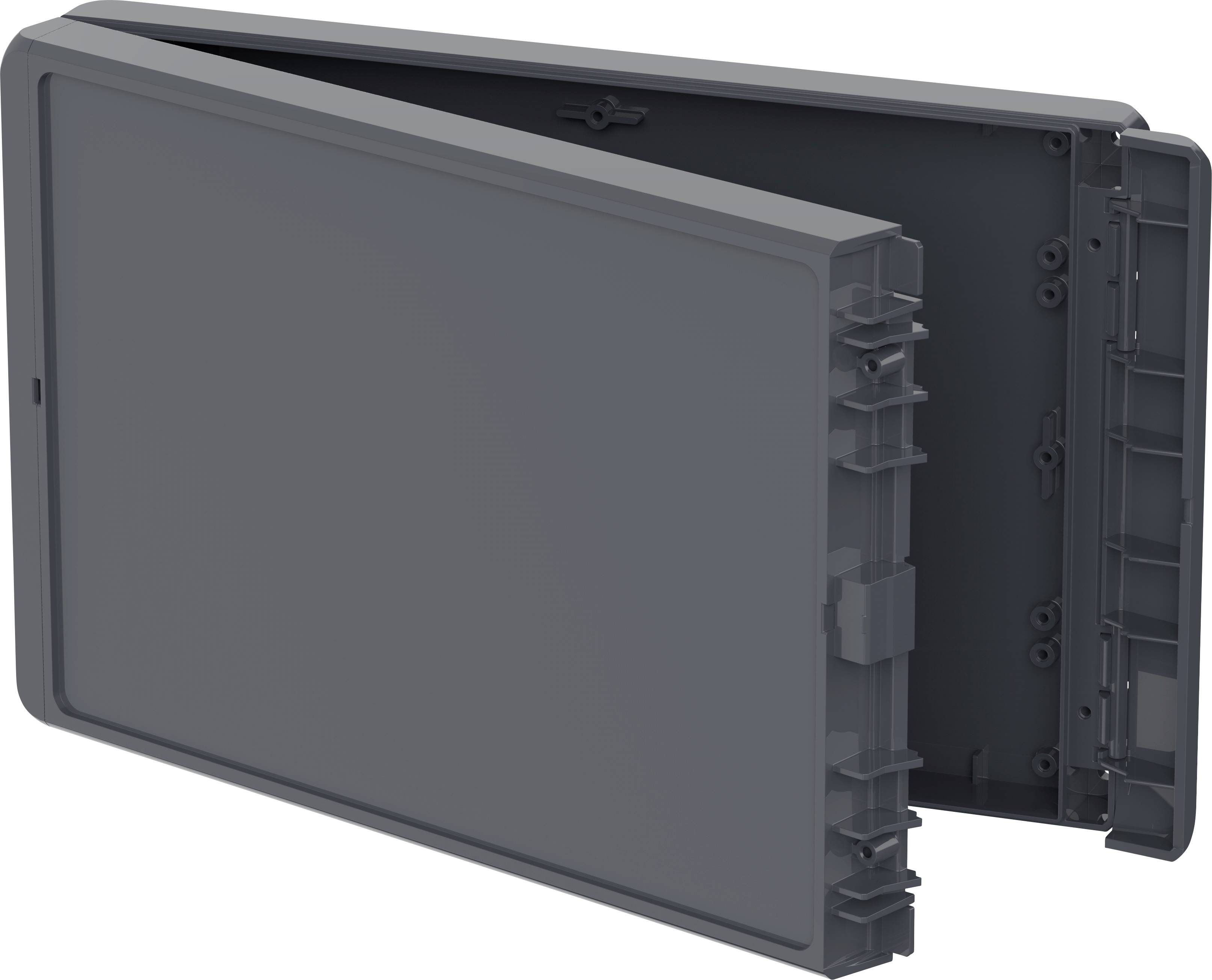 A rectangular, grey plastic housing that is open on one side to reveal the interior. It is used for secure storage.