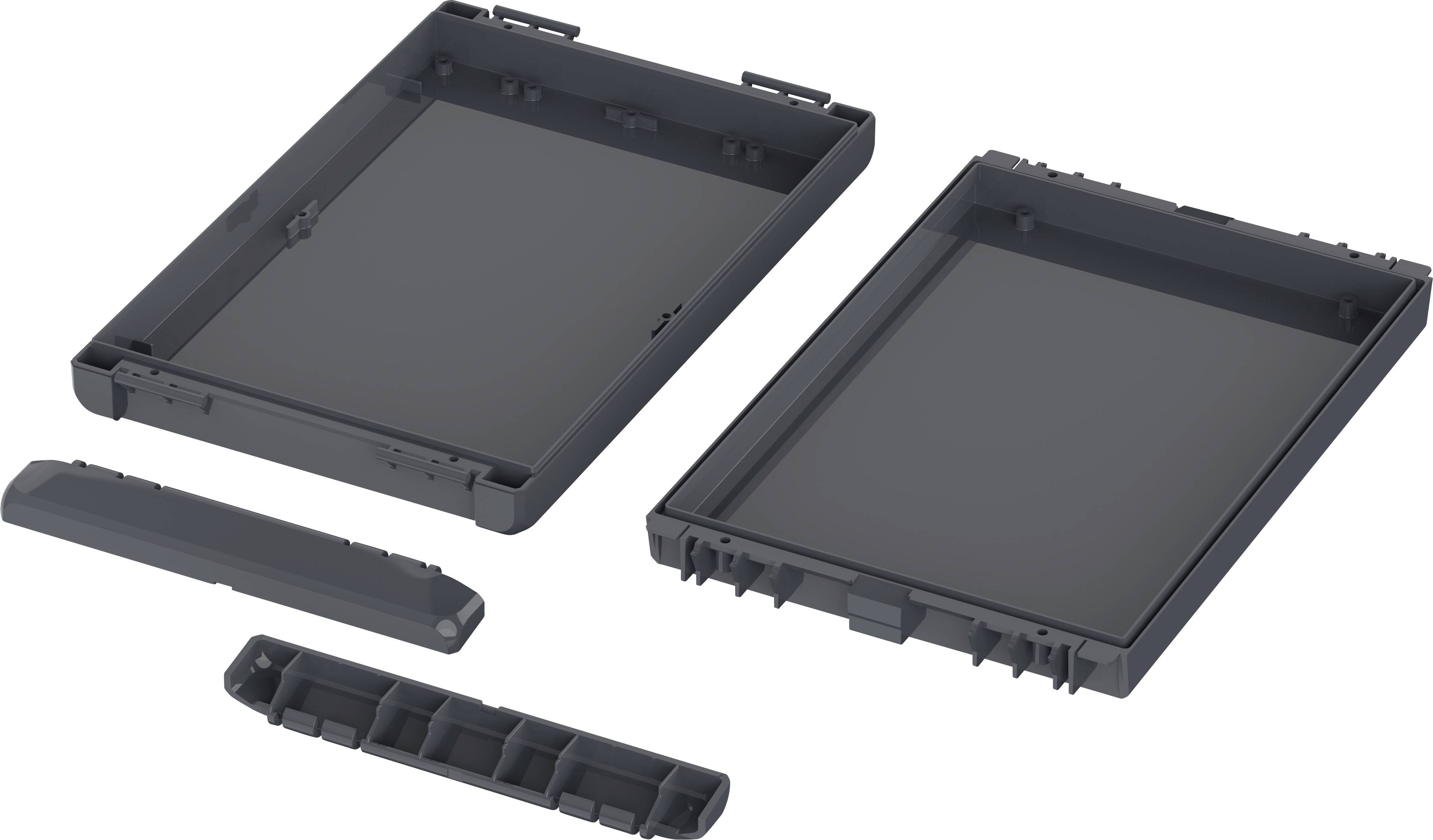 Plastic housing in individual parts, consisting of two rectangular main components and smaller connecting elements.