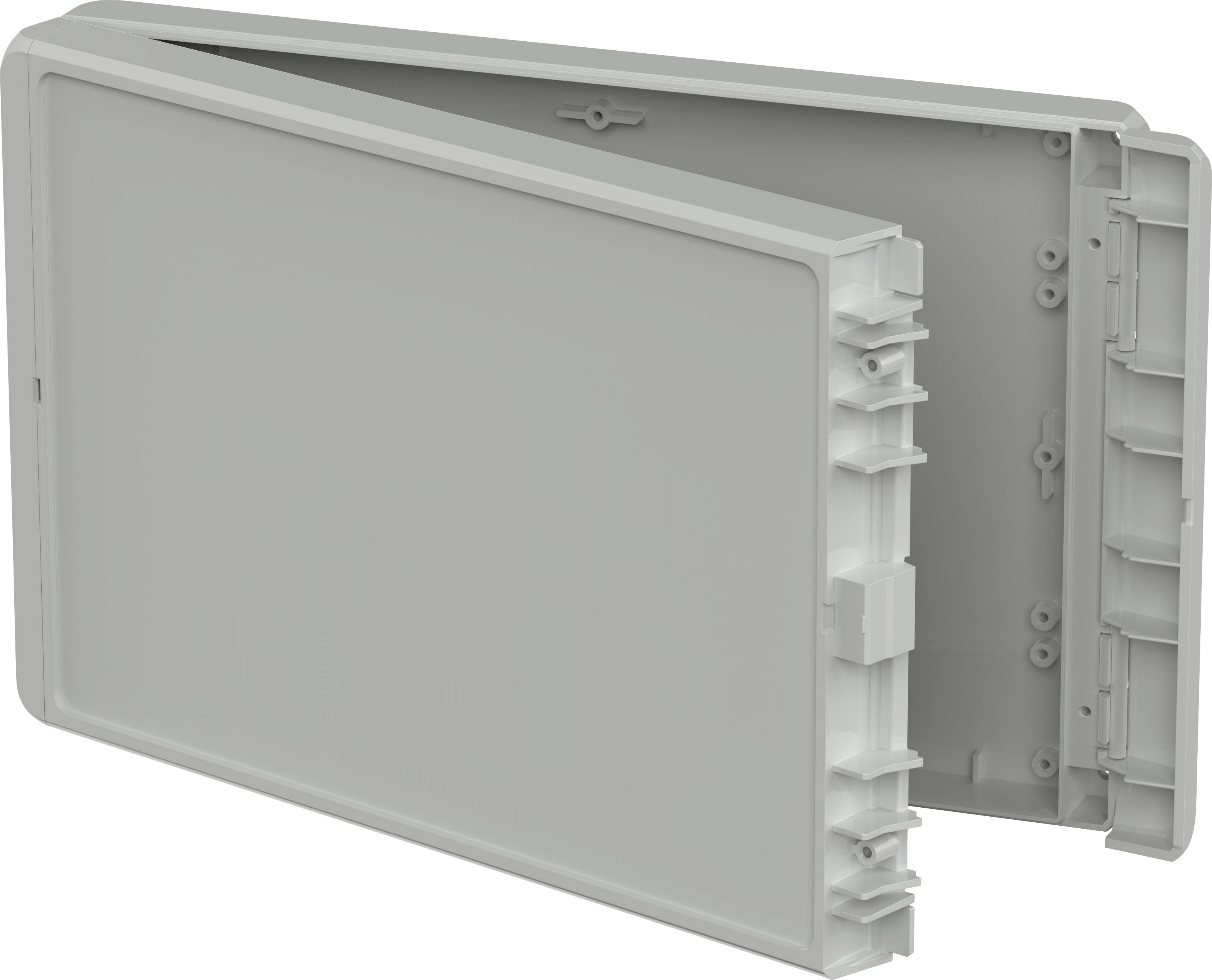 Grey, rectangular plastic box with an open lid, showing internal mounting brackets and fasteners.