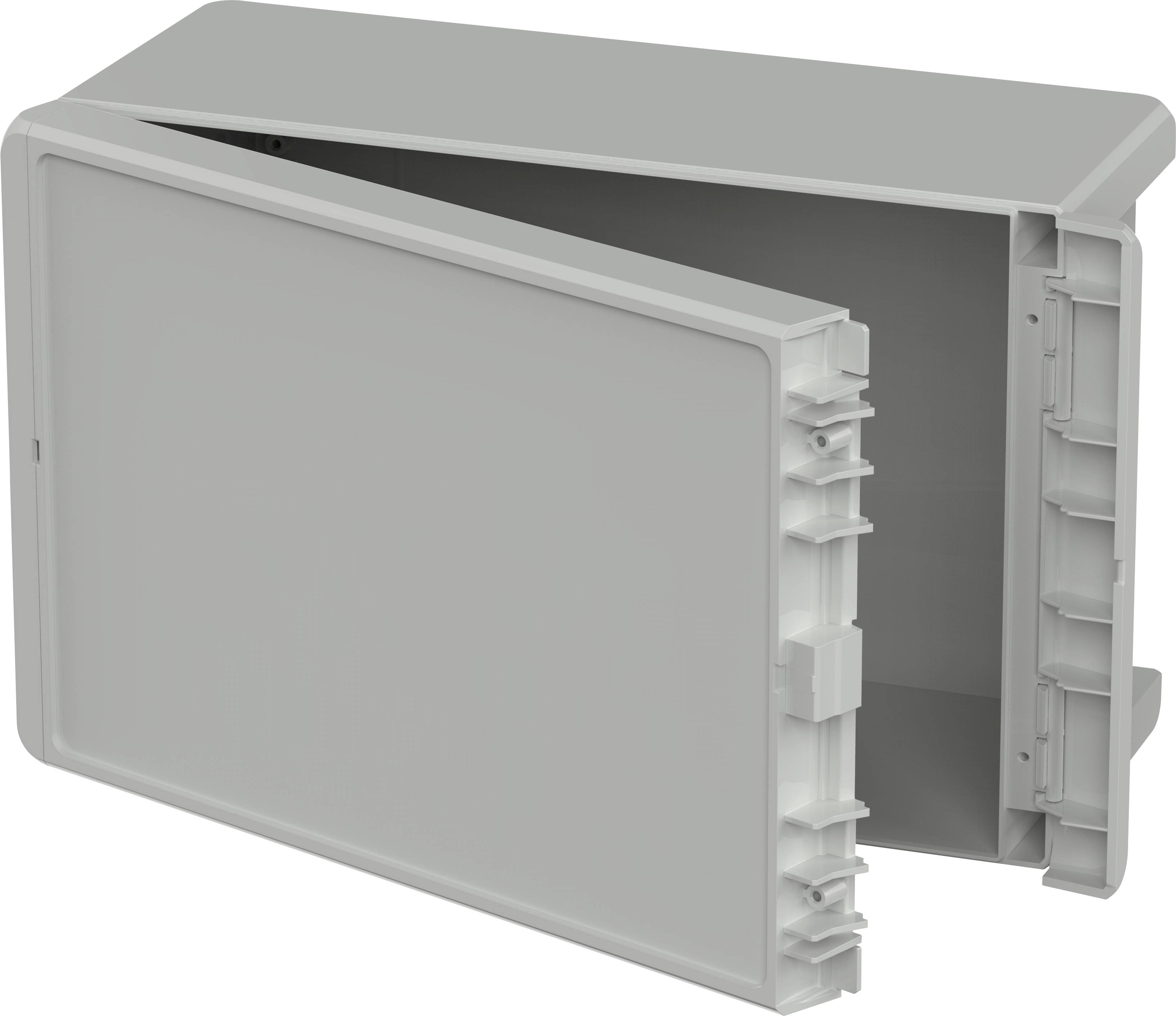 Grey plastic storage box with an open lid, rectangular, with vertical ridges on the sides, showing a spacious interior compartment.