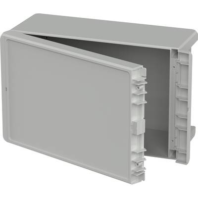 Grey plastic storage box with an open lid, rectangular, with vertical ridges on the sides, showing a spacious interior compartment.