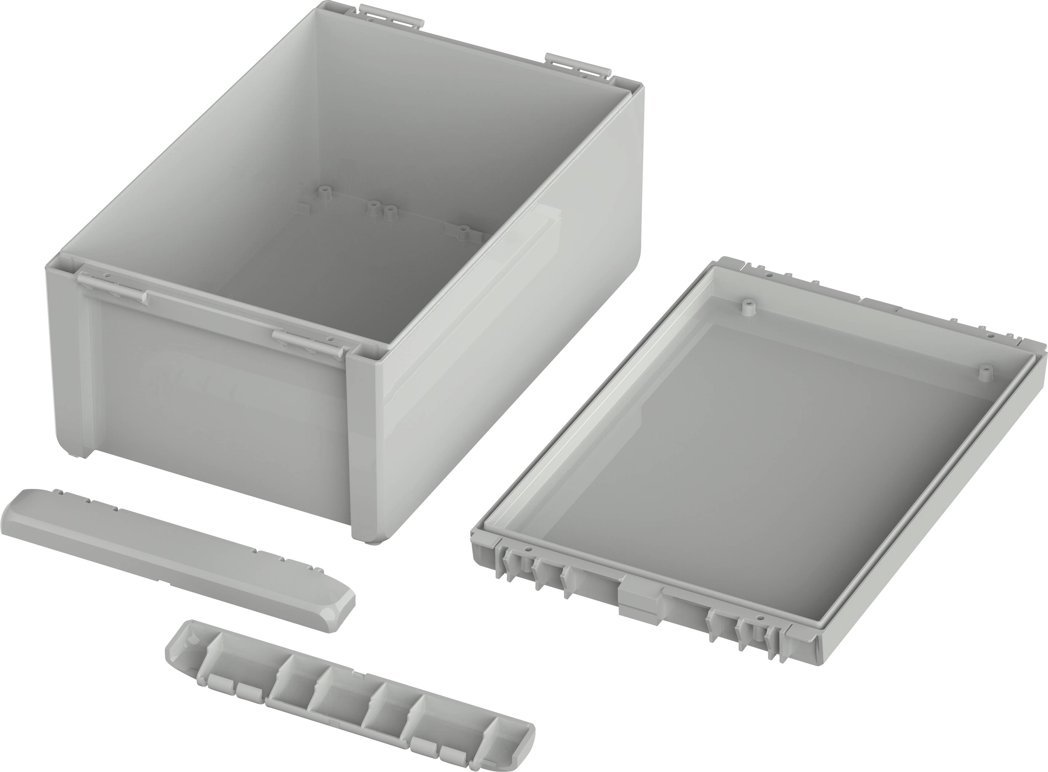 Grey plastic storage box with a removable lid, a narrow insert, and a rectangular compartment, shown in individual components.