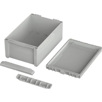 Grey plastic storage box with a removable lid, a narrow insert, and a rectangular compartment, shown in individual components.