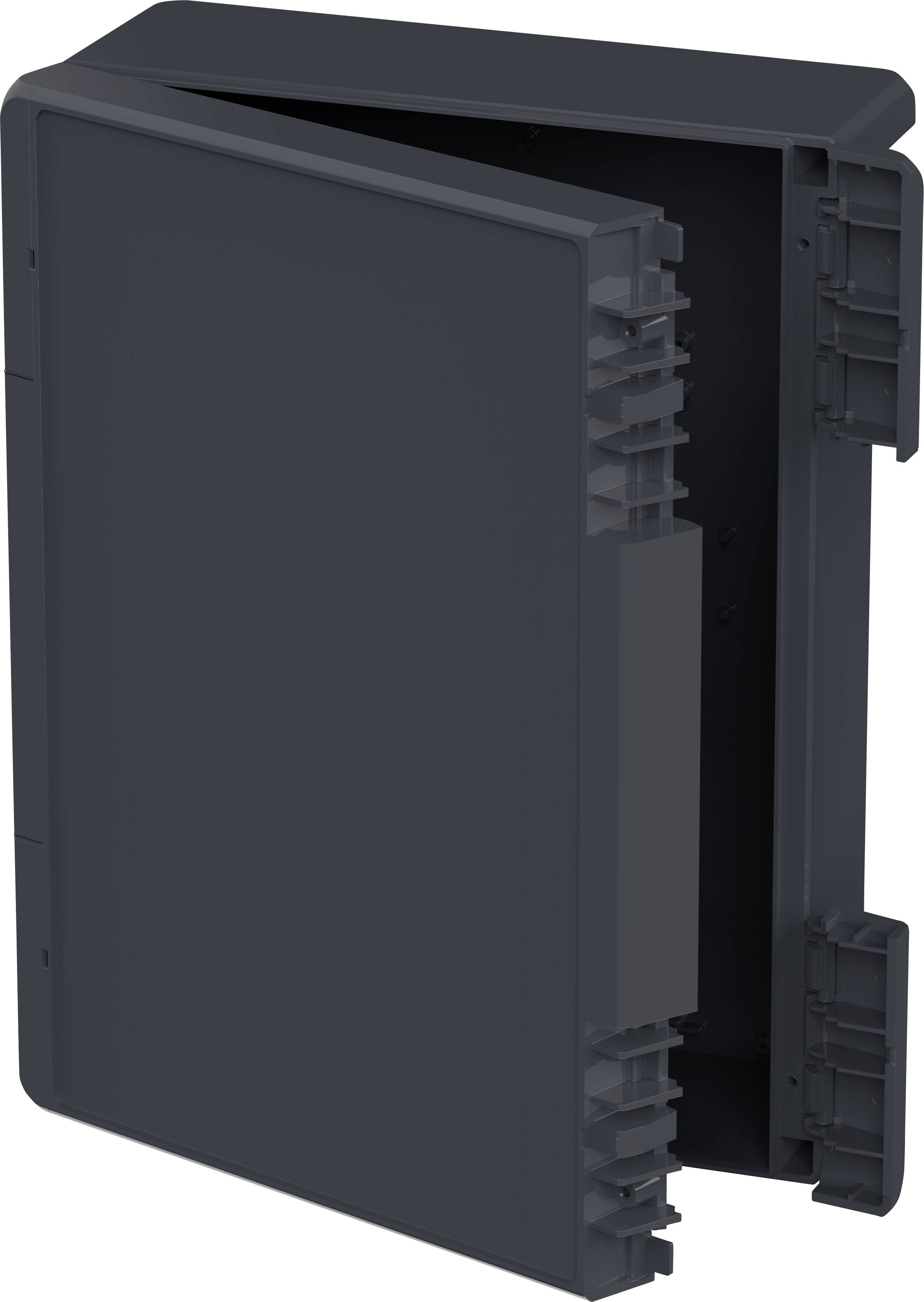 Here's the translation in British English:<br><br>Housing component, opened, made of dark grey plastic, rectangular, with side ventilation slots. Purpose not specified.