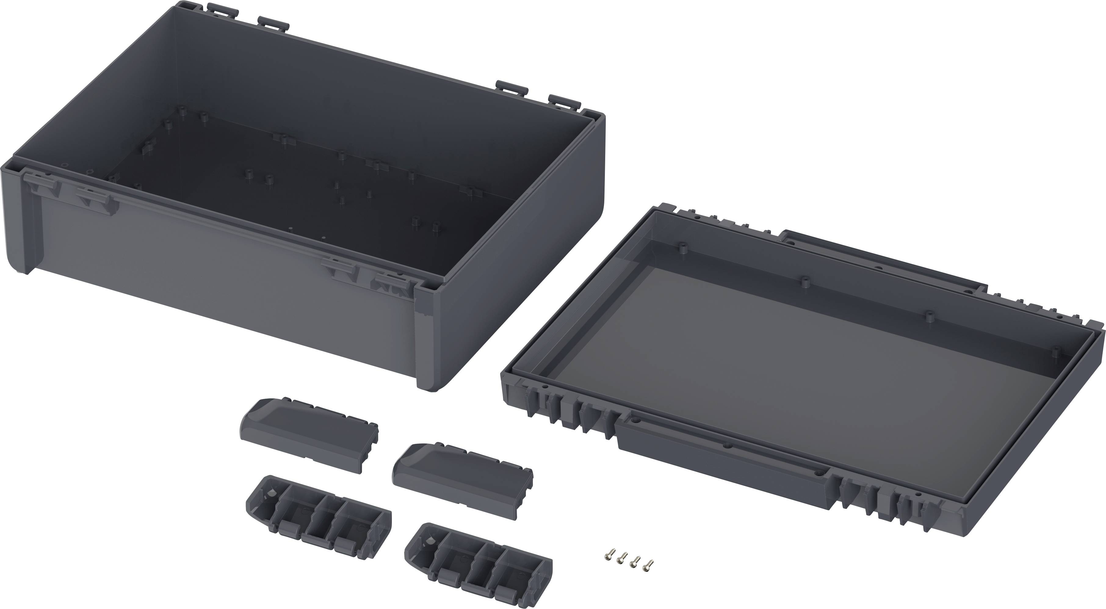 Two dark plastic housing parts, rectangular, together with smaller parts and screws, ready for assembly.