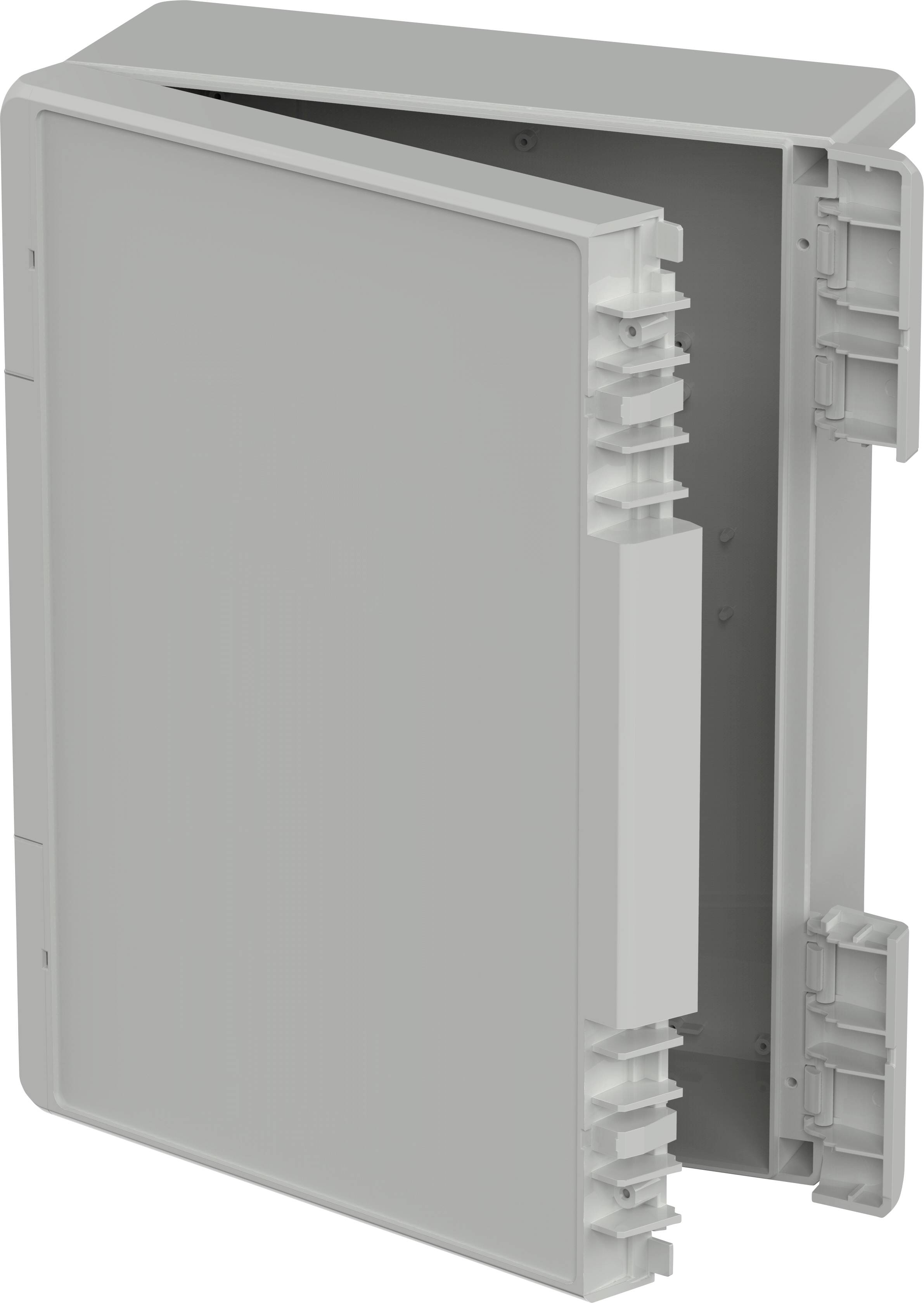 Grey, rectangular plastic enclosure with an open lid, showing internal mounting options. Suitable for electronics.