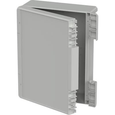 Grey, rectangular plastic enclosure with an open lid, showing internal mounting options. Suitable for electronics.