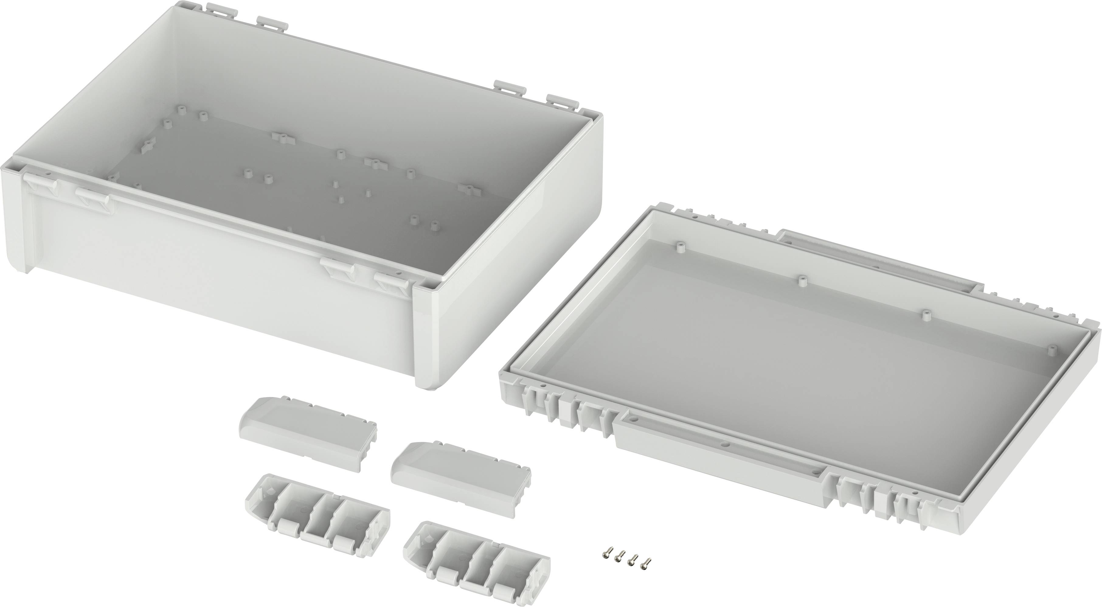 Two grey plastic boxes, opened with the lid removed, alongside four partition dividers and small screws.