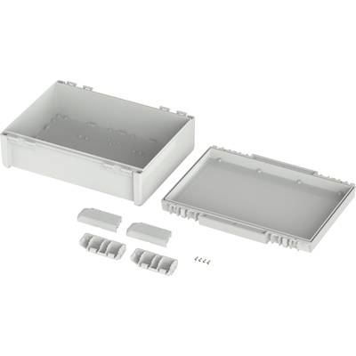 Two grey plastic boxes, opened with the lid removed, alongside four partition dividers and small screws.