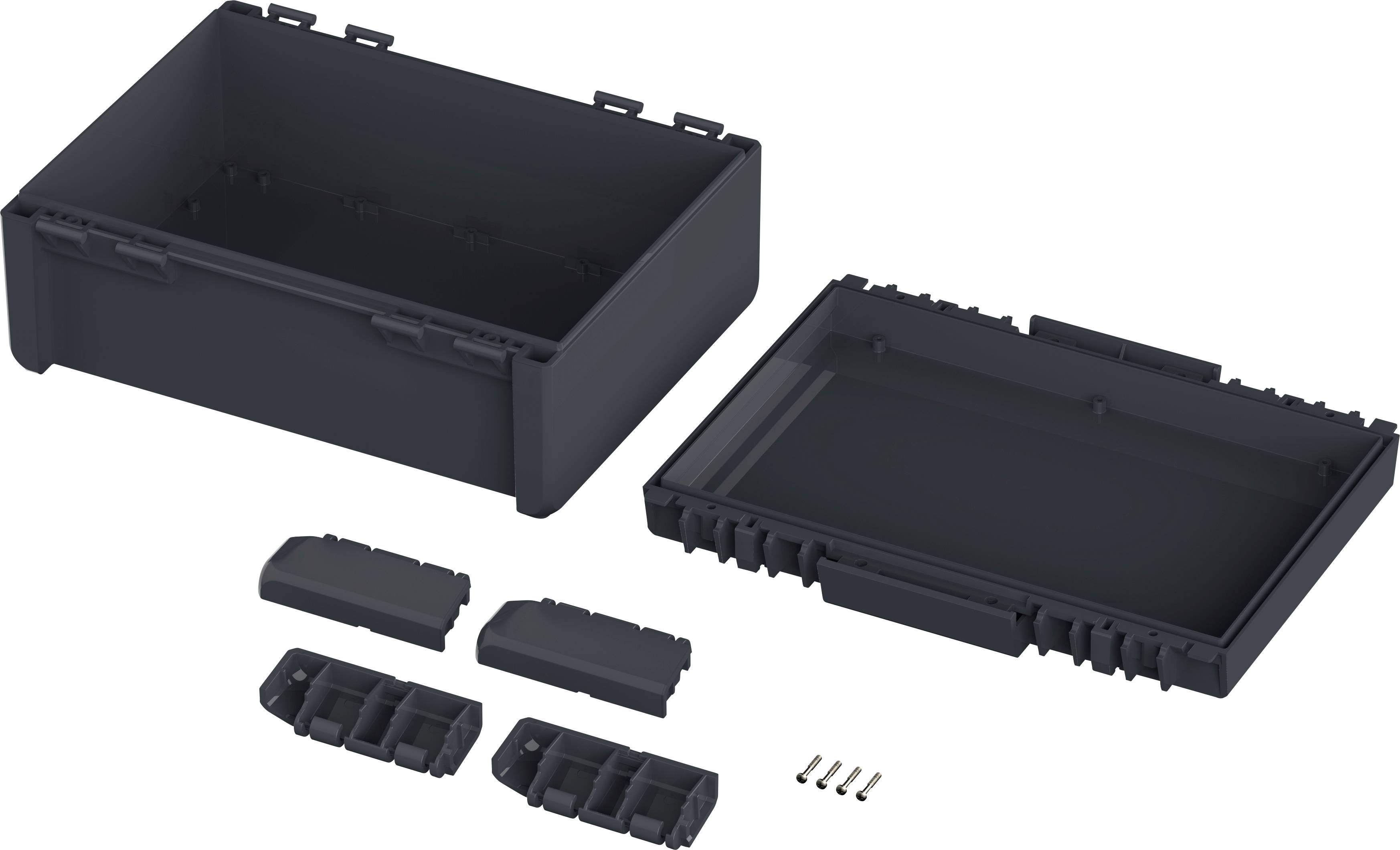 Black plastic enclosure with removable side panels and six small screws, arranged on a white background.