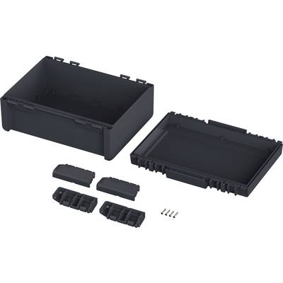 Black plastic enclosure with removable side panels and six small screws, arranged on a white background.