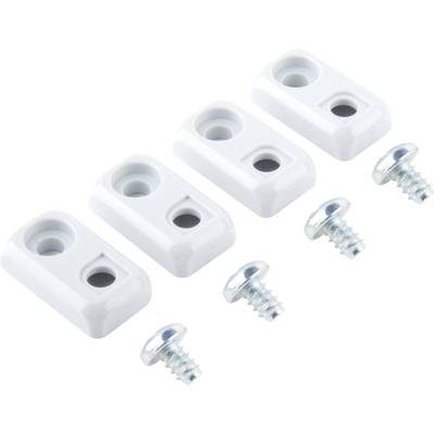 Four white plastic brackets, each with two holes, alongside four silver screws.