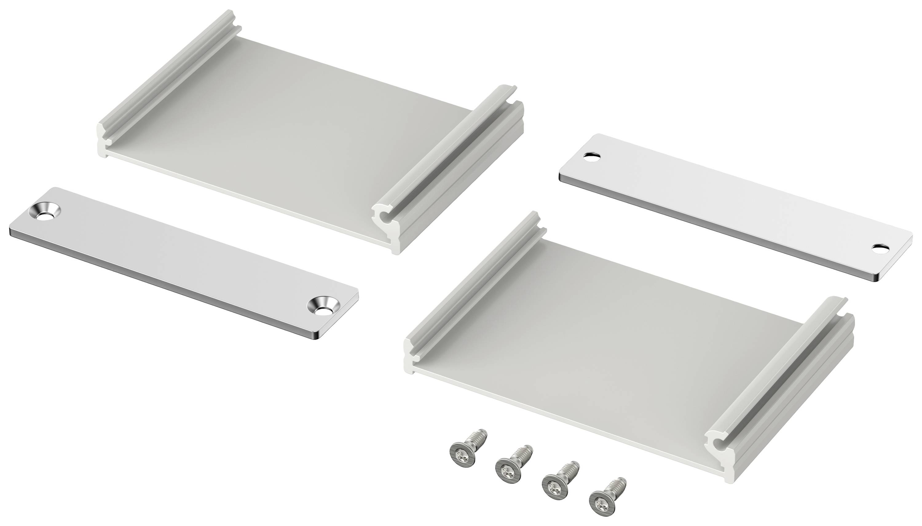 Metal mounting kit with four screws and two brackets, suitable for securing devices or components.