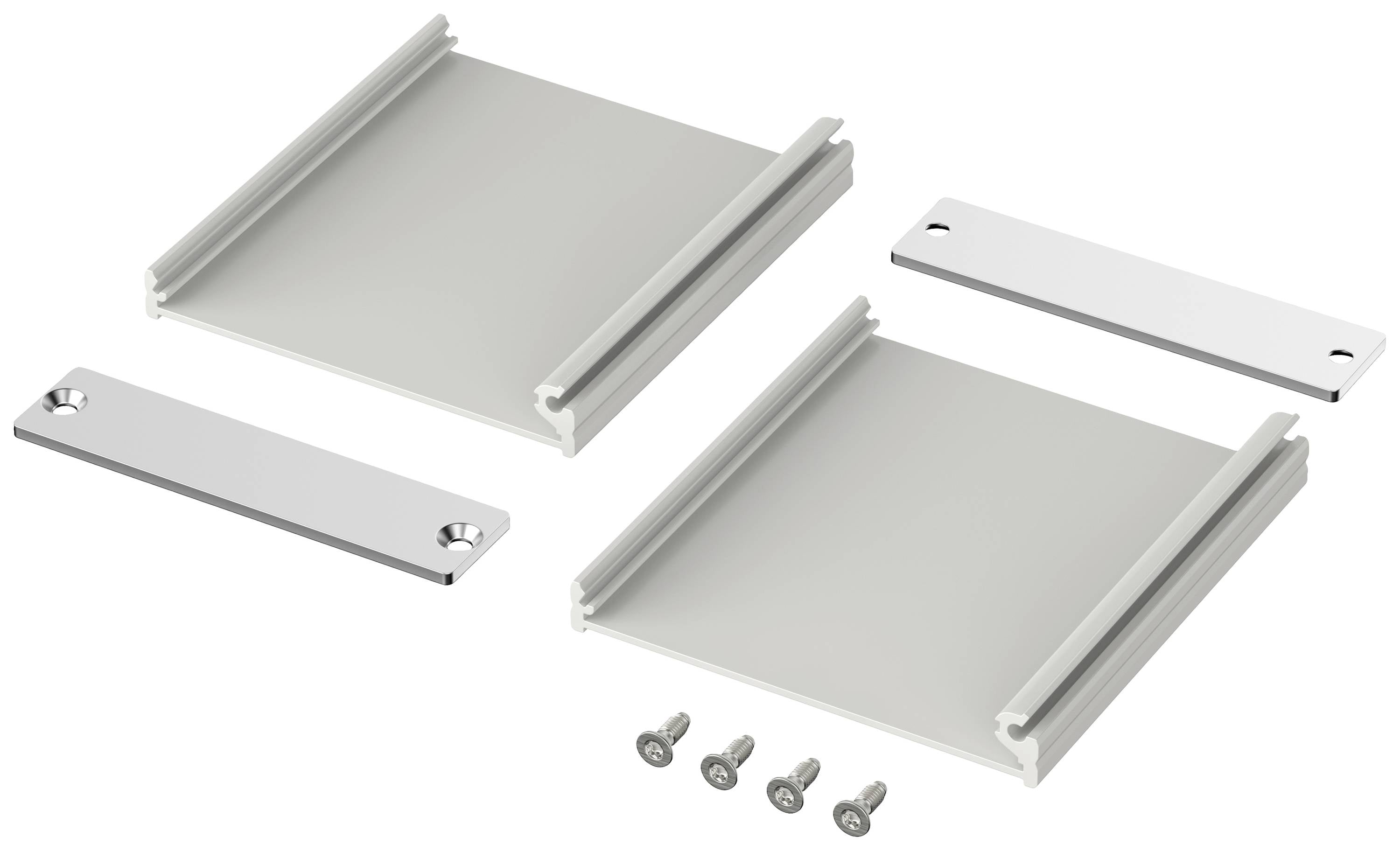 Mounting set comprising two square plates, two elongated covers, and four screws. Suitable for installation in enclosures.