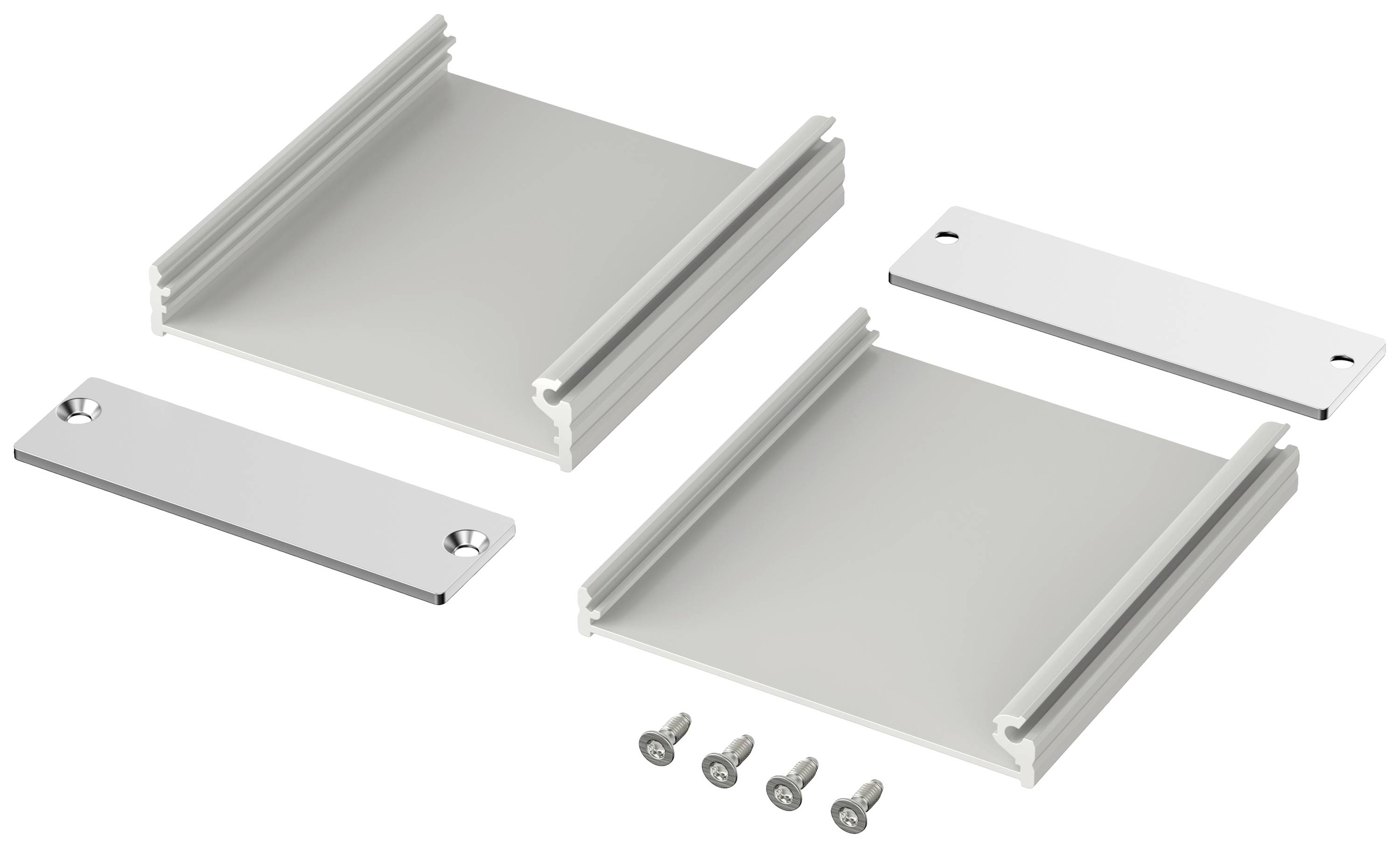 Four aluminium mounting plates with four matching screws, lying side by side.