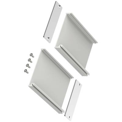 Two right-angled aluminium profiles, two end plates and four screws; components for assembling a housing or frame.