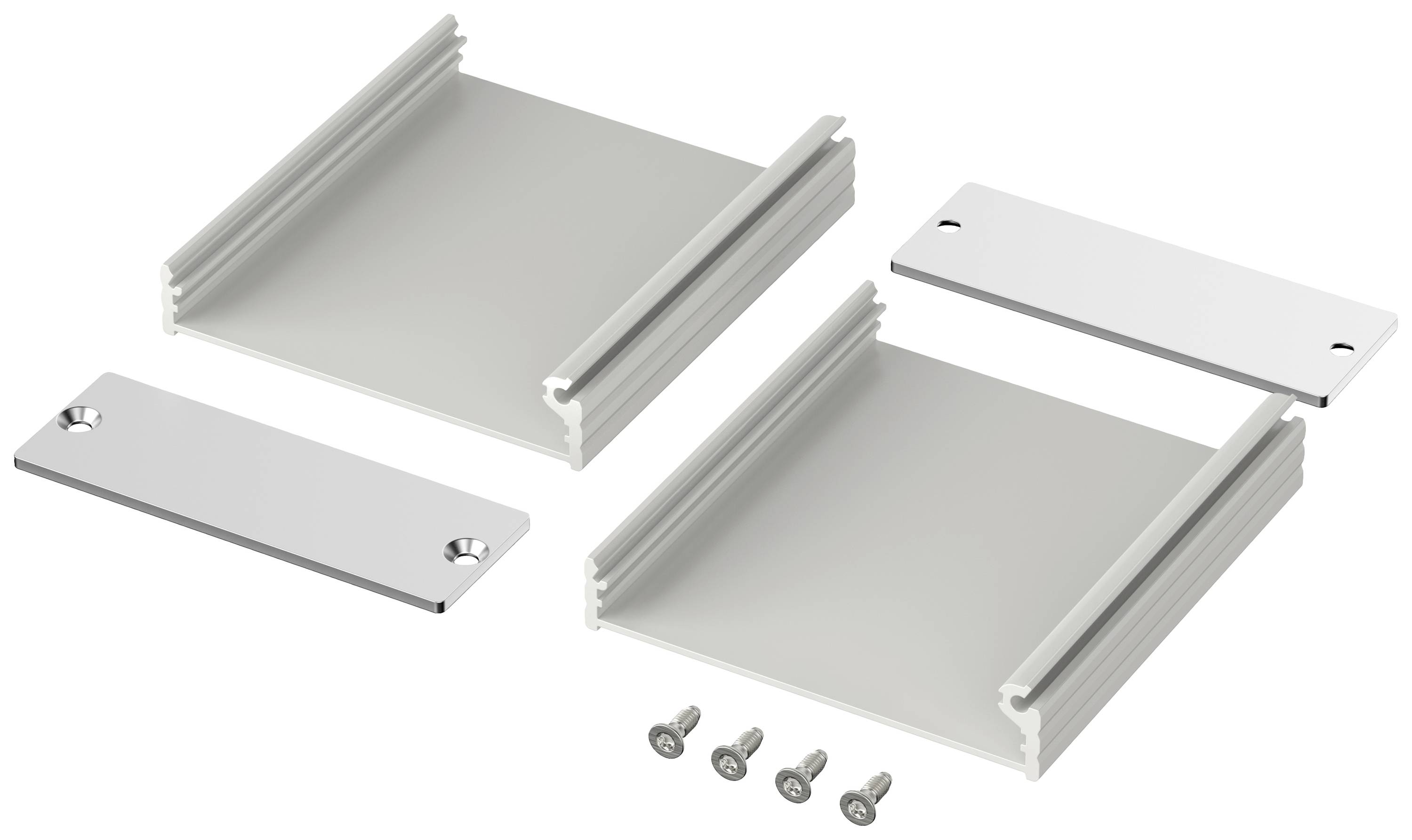 Aluminium housing set comprising two side plates, two top/bottom plates with grooves, and four mounting screws.