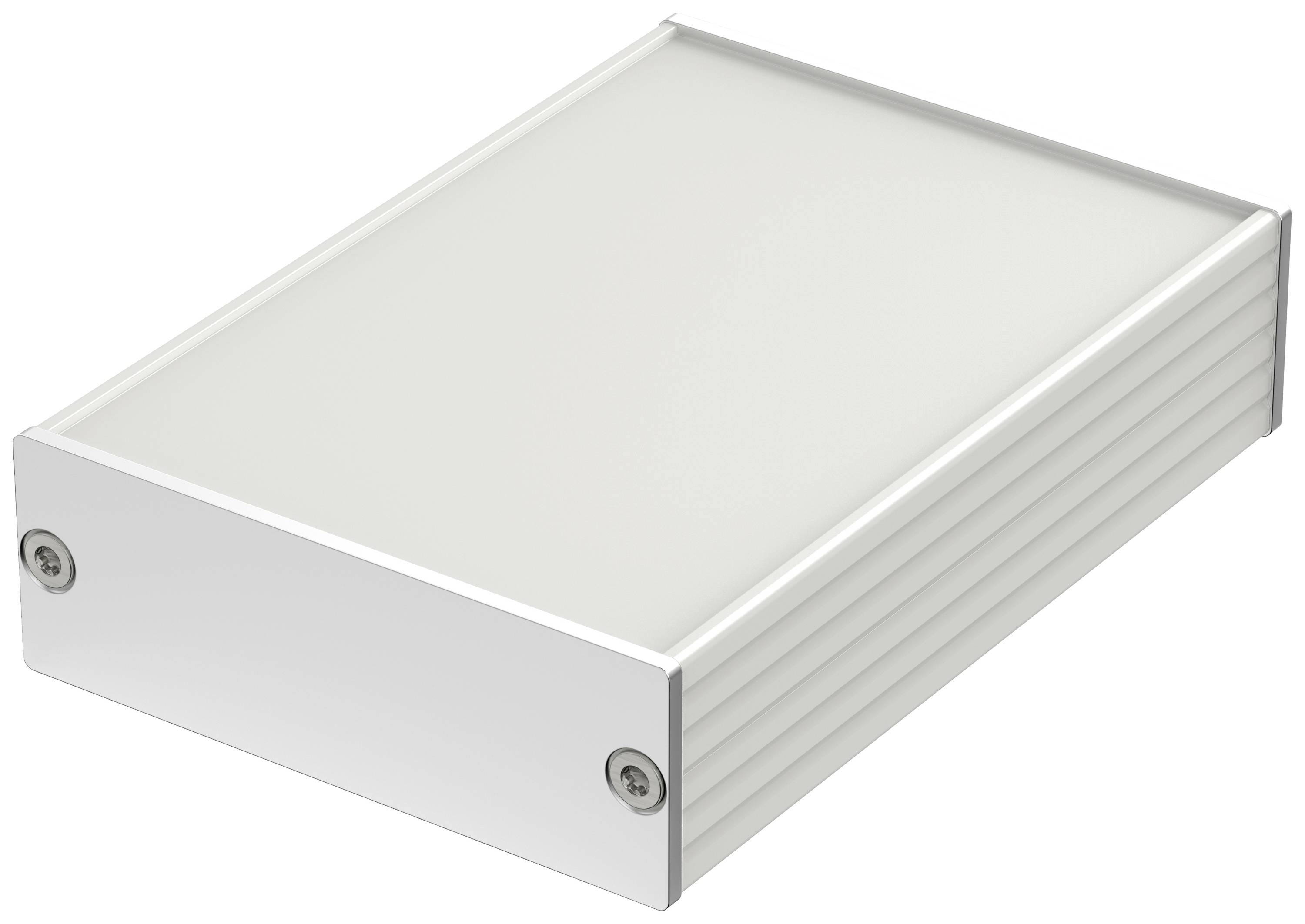 Rectangular aluminium enclosure with a removable lid, suitable for electronic projects. Side-mounted screws for secure fastening.