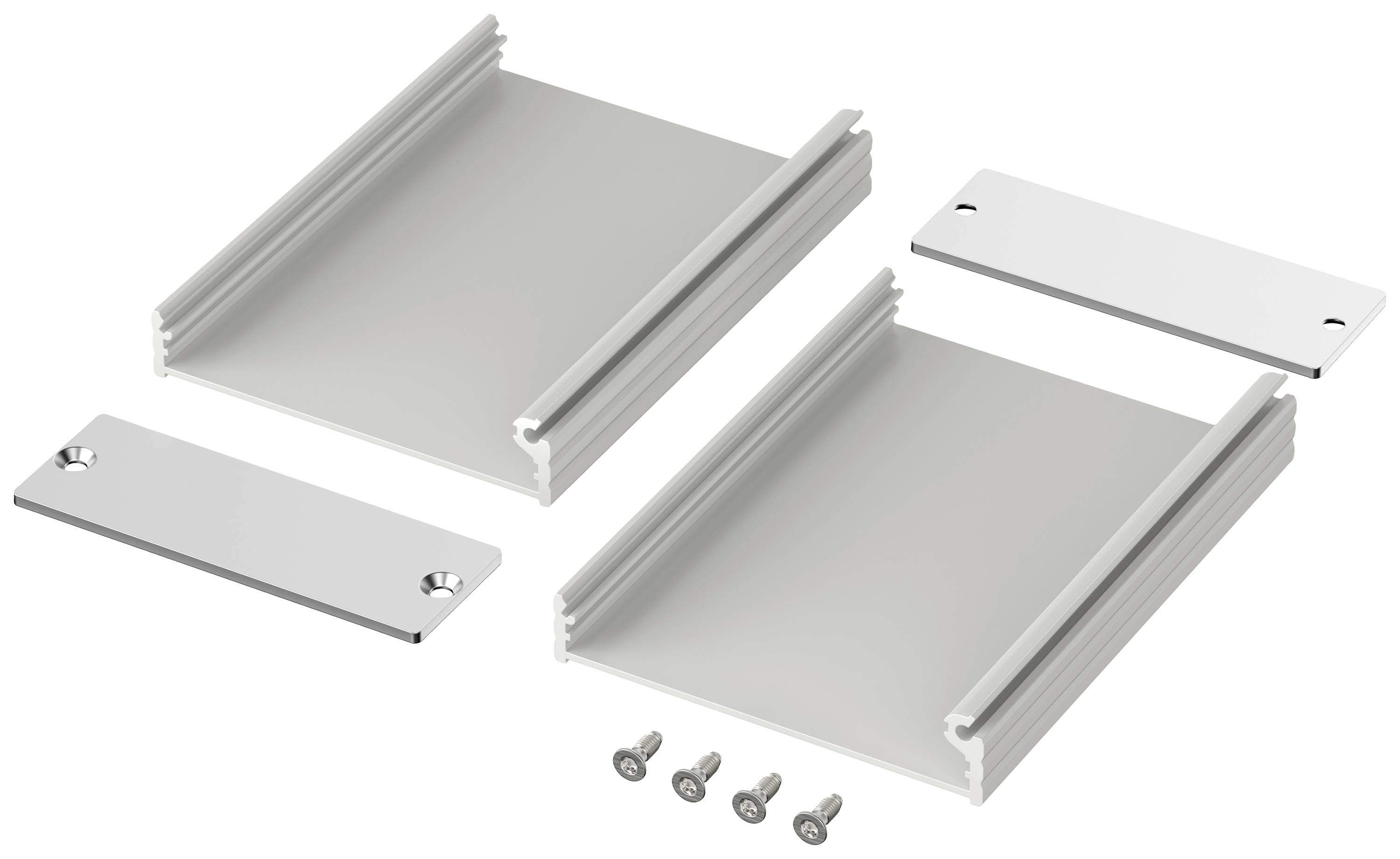 'Aluminium housing kit with two rectangular plates, mounting screws, and customisable end pieces.'