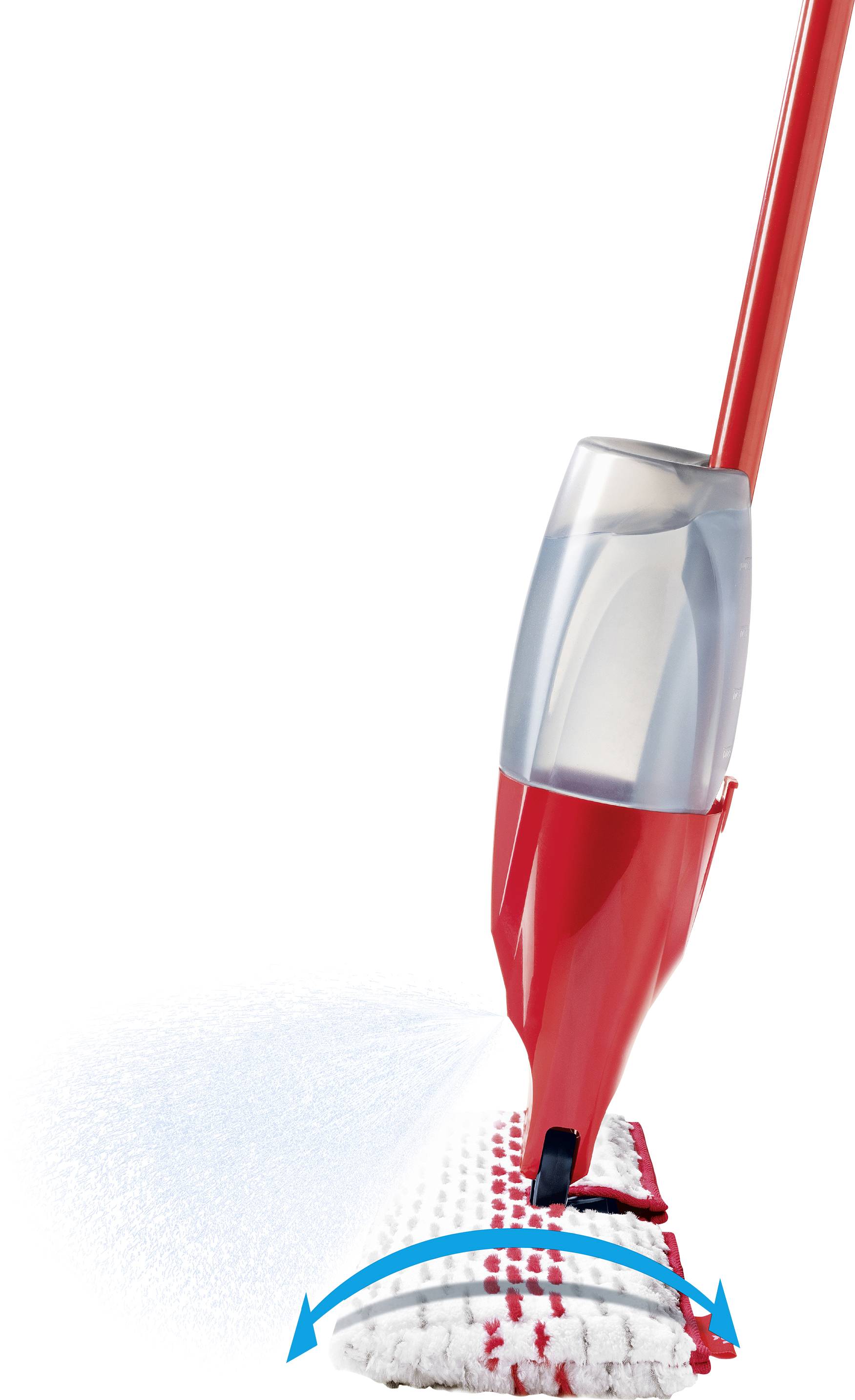 A red floor mop with an integrated spray tank made of transparent plastic sprays water onto the floor, accompanied by a mop head.