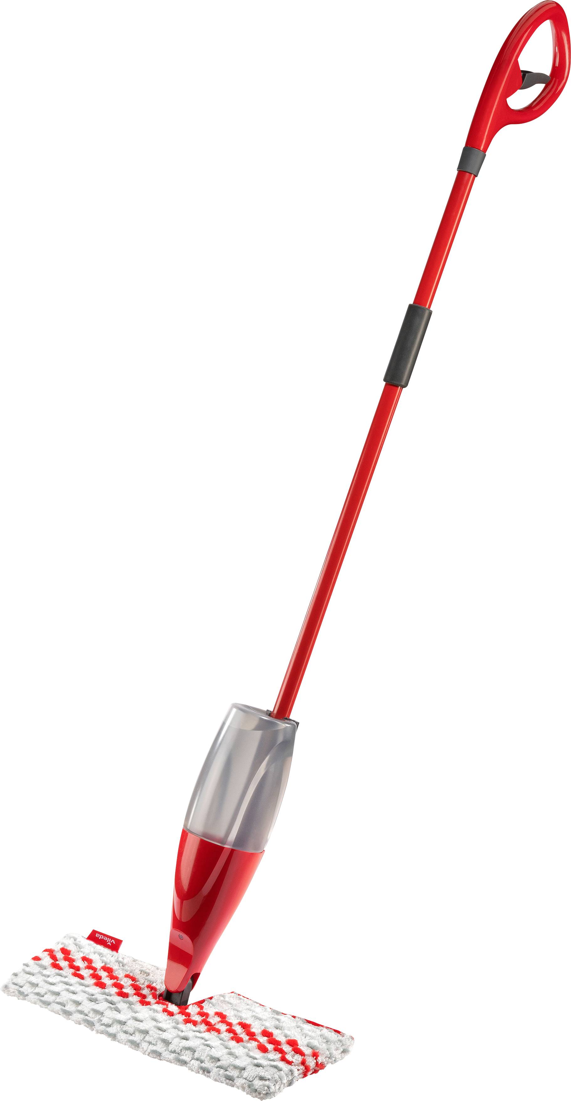 A red mop with an integrated spray system and a removable cleaning pad, standing upright, against a white background.