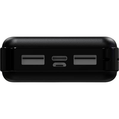 Black, rectangular power bank with two USB ports and a USB-C port in the centre, front view.