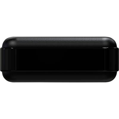 A black, rectangular box with rounded edges and a shiny stripe down the middle.