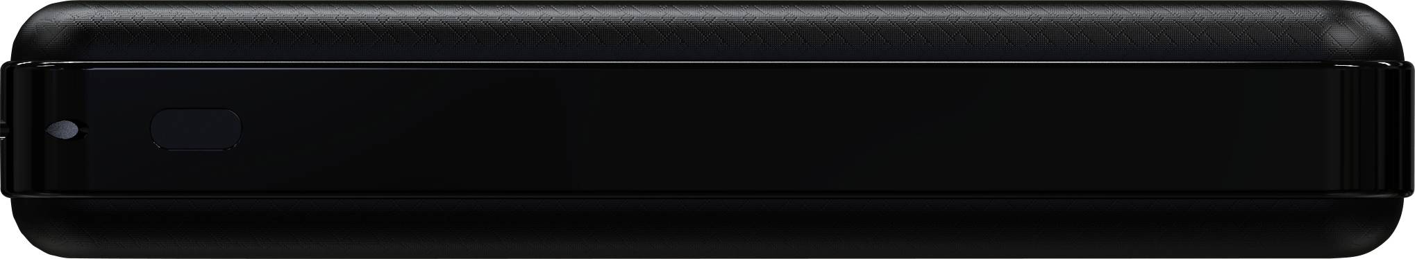 Black, rectangular device with rounded corners, in horizontal orientation.