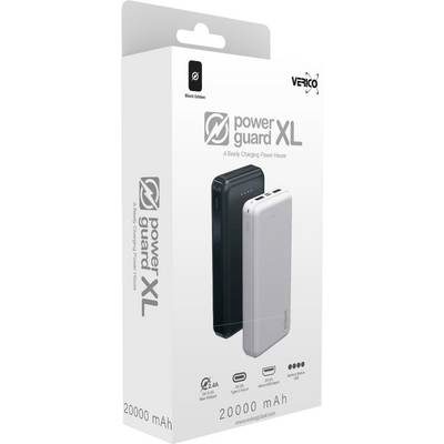 A packaging for a power bank, 'power guard XL', 20000 mAh. Shows two devices in black and white. Manufacturer: Verico.