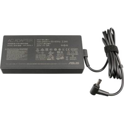 A black Asus power supply with technical specifications: Input 100-240V, Output 19.5V, 9A. Includes device safety symbols and instructions.
