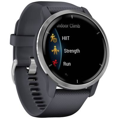 Smartwatch with a menu on the display. Options: 'HIIT', 'Strength', 'Run'. Silver casing and black strap.