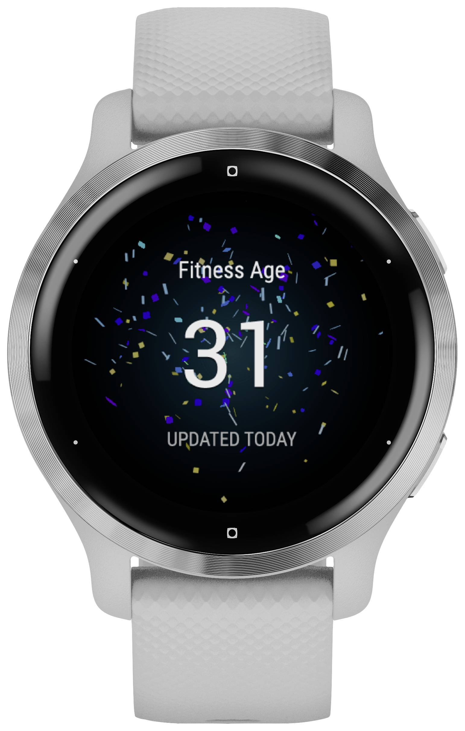 Smartwatch displaying 'Fitness Age 31', surrounded by virtual confetti. Screen shows current fitness age update.