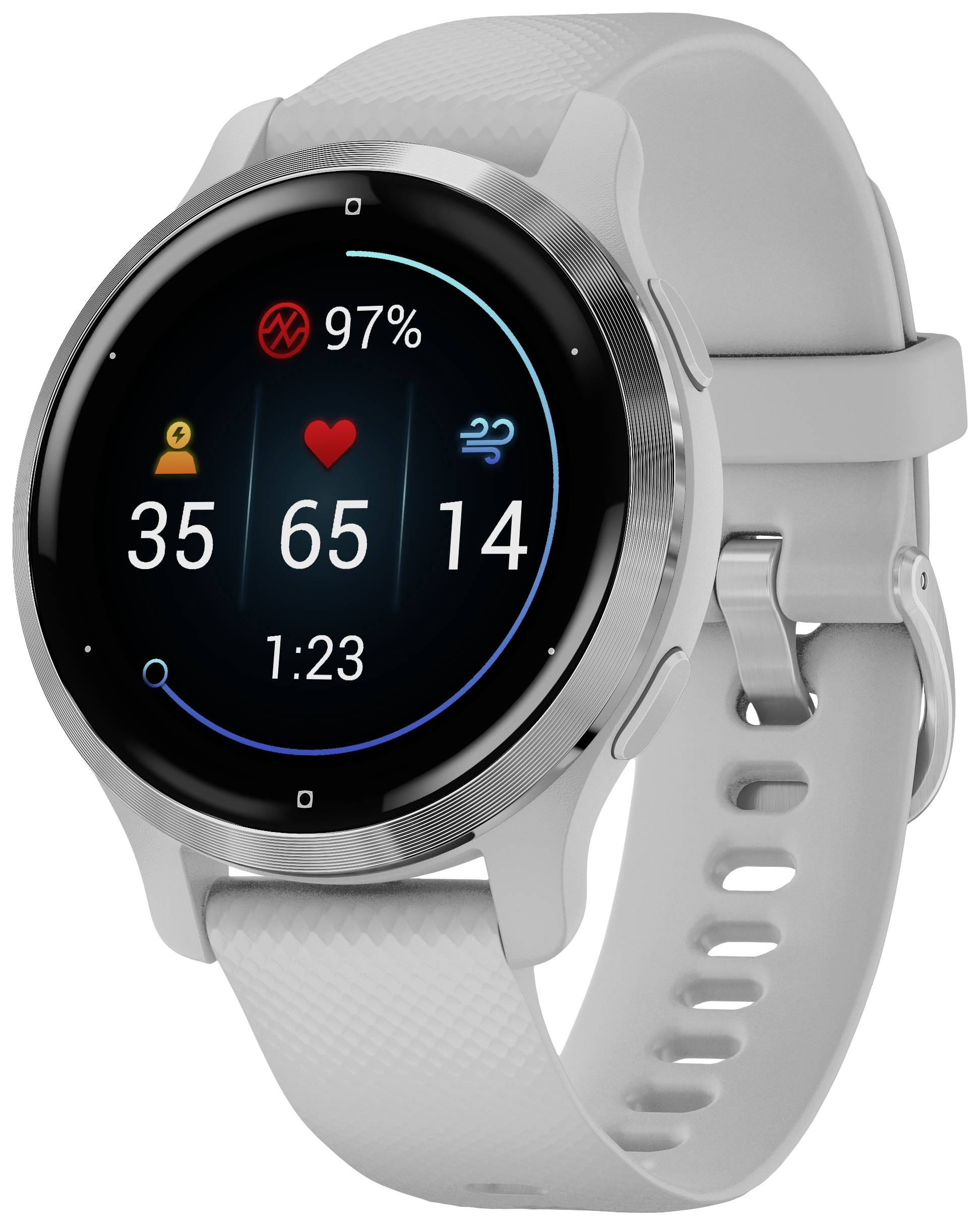 Silver smartwatch with grey strap displays steps, heart rate, time and 97% battery.