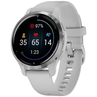 Silver smartwatch with grey strap displays steps, heart rate, time and 97% battery.