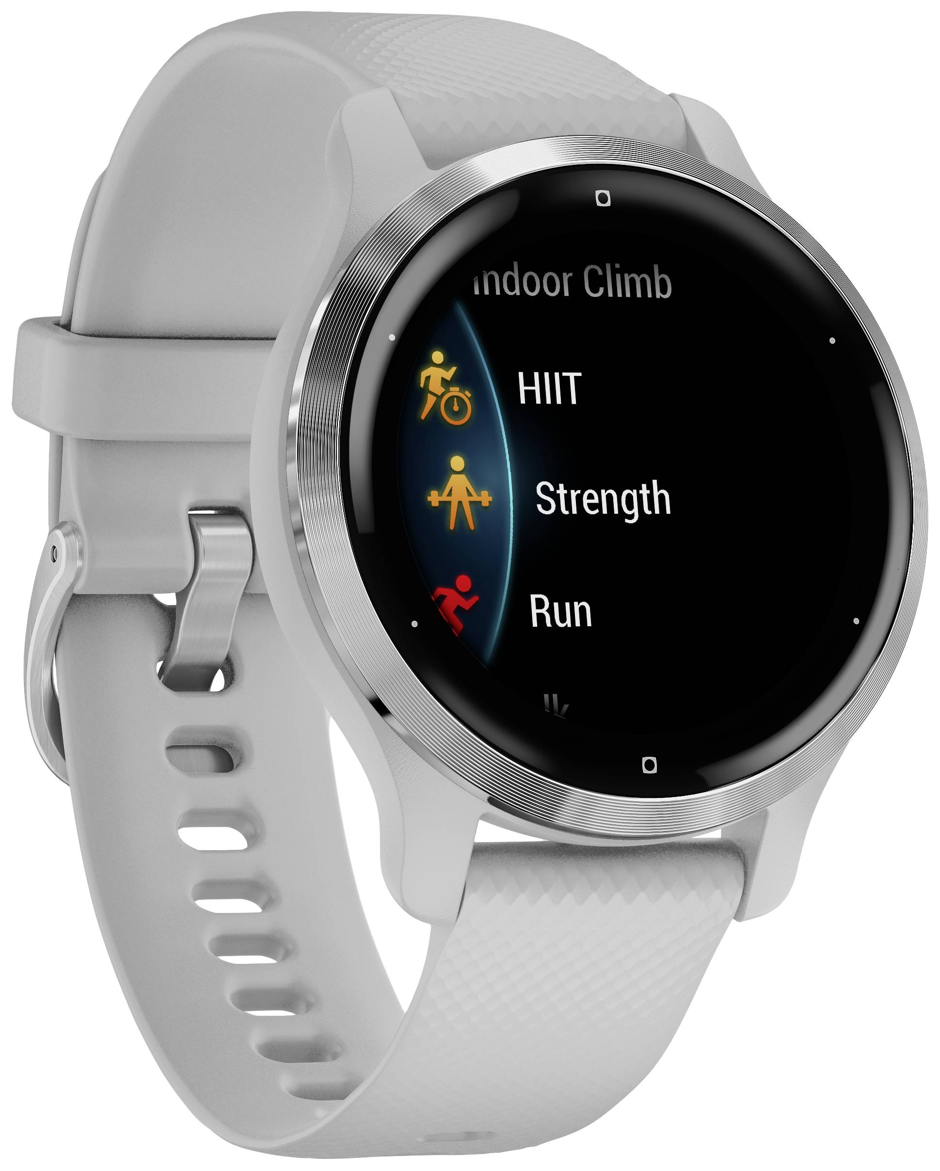 A smartwatch with a grey strap displays training modes on the screen: 'Indoor Climb', 'HIIT', 'Strength' and 'Run'.
