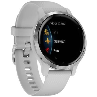 A smartwatch with a grey strap displays training modes on the screen: 'Indoor Climb', 'HIIT', 'Strength' and 'Run'.